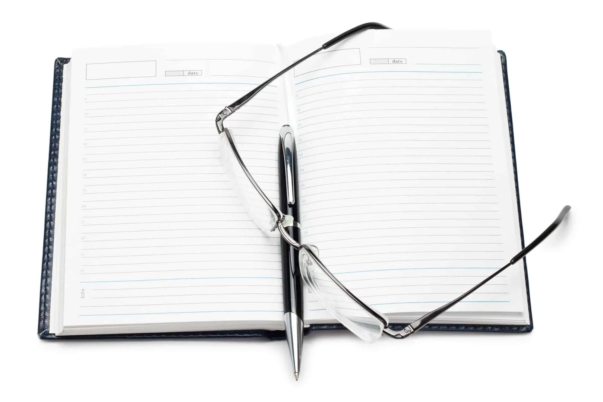 Opened Notebook With Pen And Glasses Isolated
